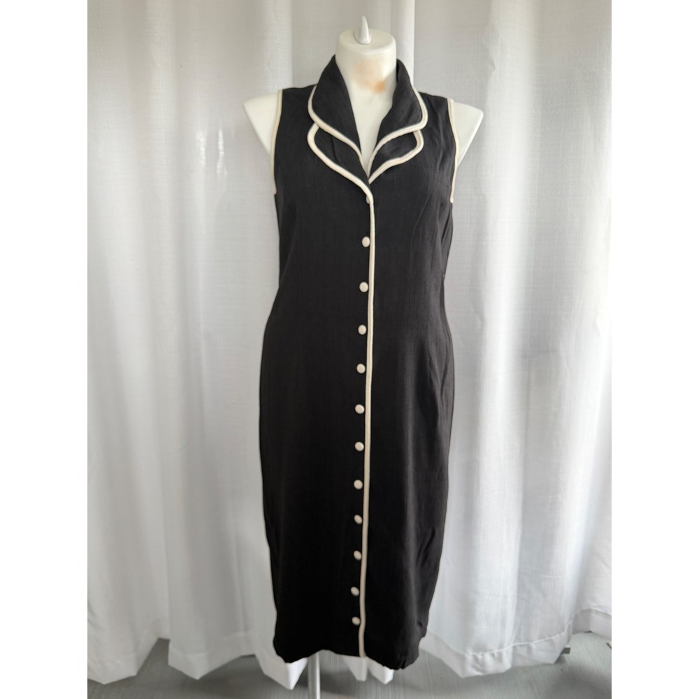 Vintage 90s Sag Harbor Black Dress White Trim Button Front Midi Size‎ 18 Preppy